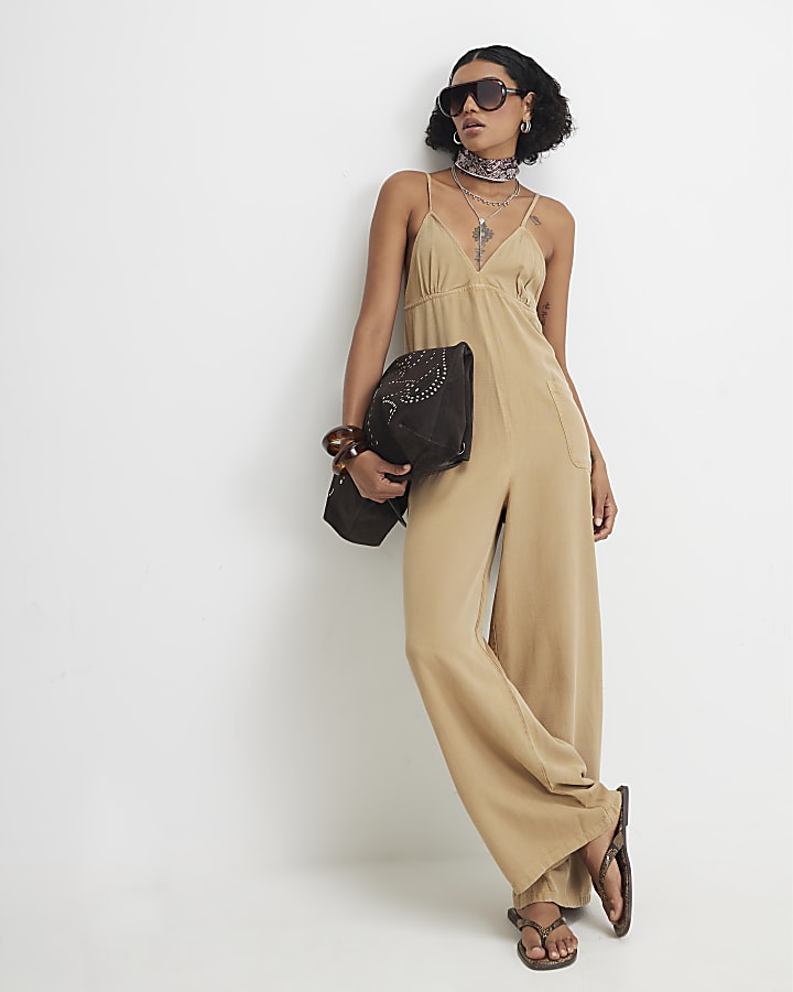 Beige Twill V-neck Jumpsuit