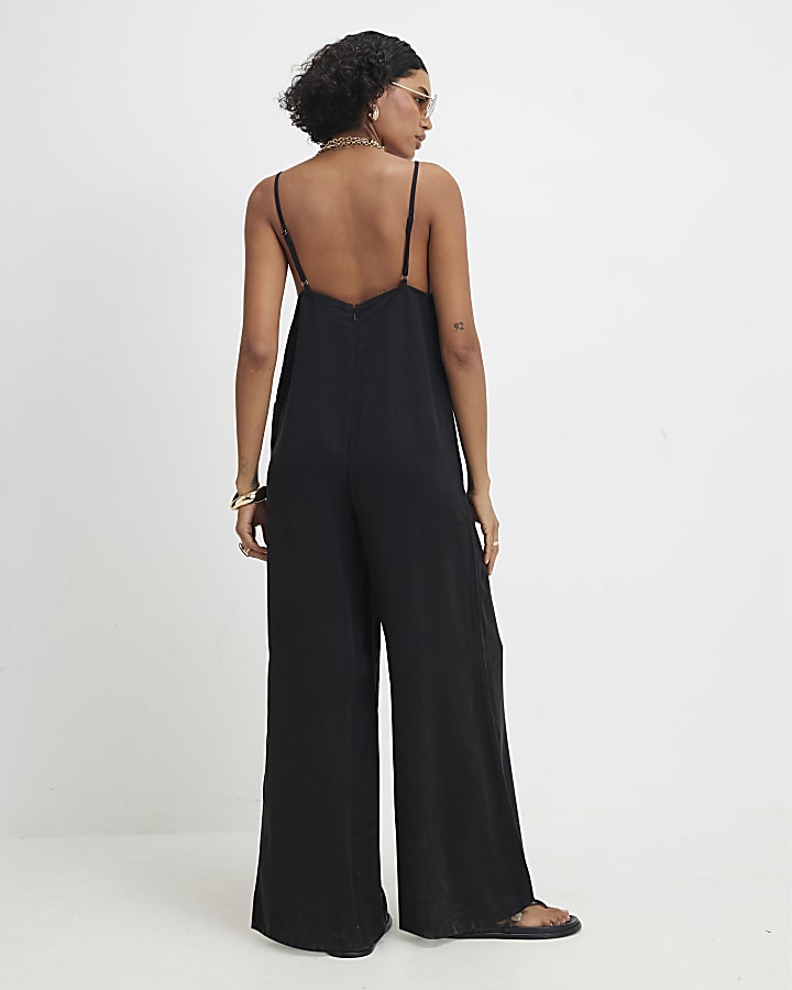 Black Twill V-neck Jumpsuit