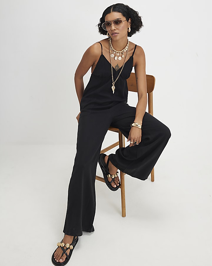 Black Twill V-neck Jumpsuit