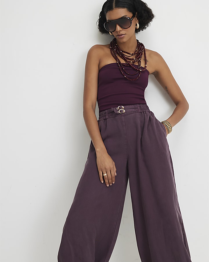 Red Belted Cuffed Hem Barrel Leg Jeans