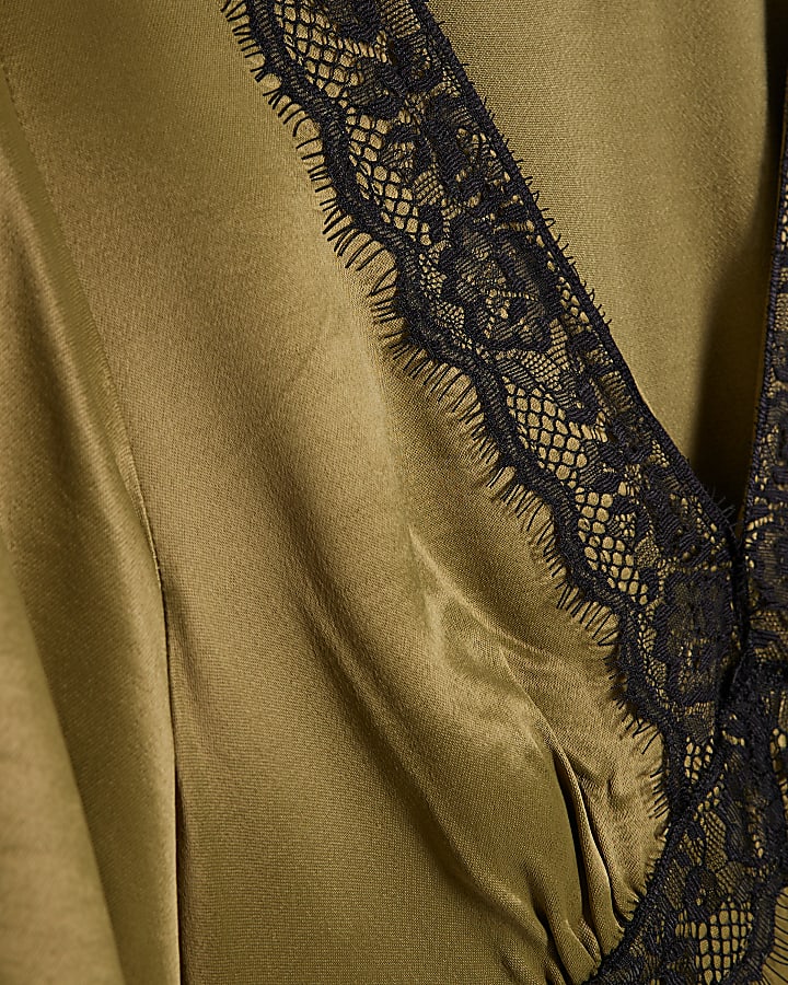 Khaki V Neck Lace Slip Dress