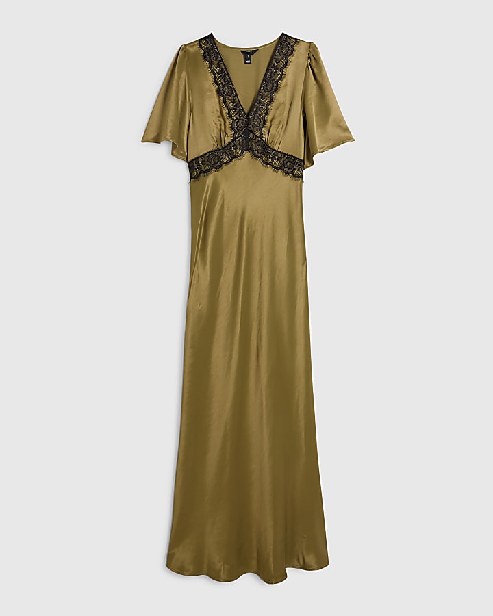 Khaki V Neck Lace Slip Dress