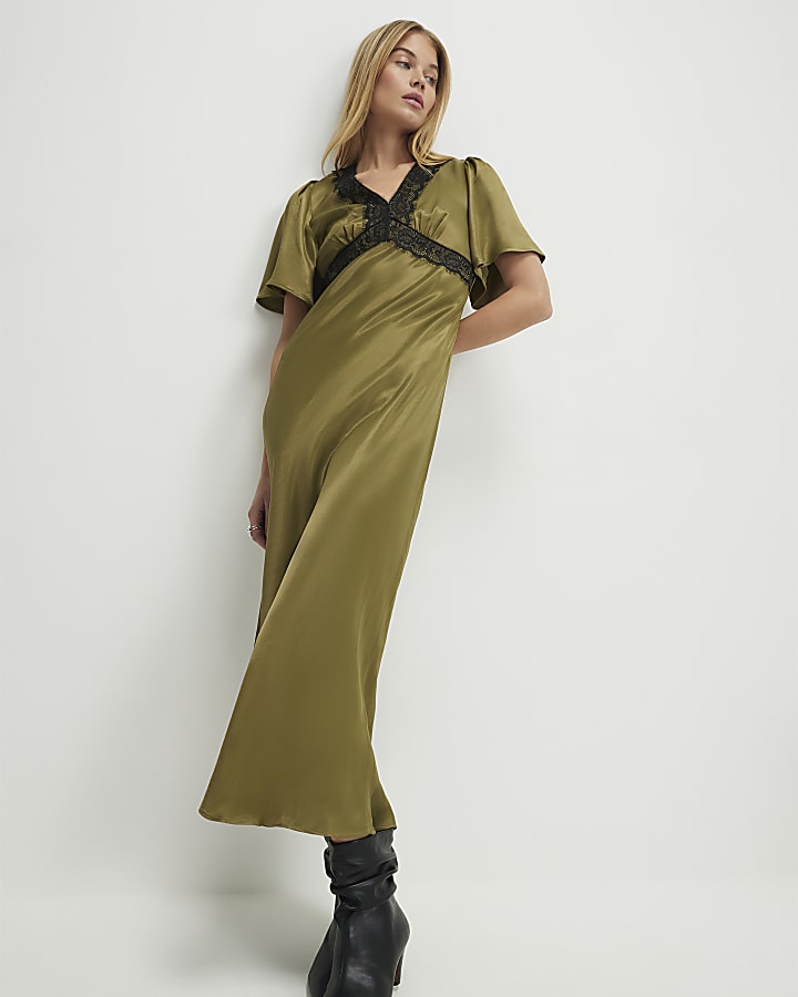 Khaki V Neck Lace Slip Dress