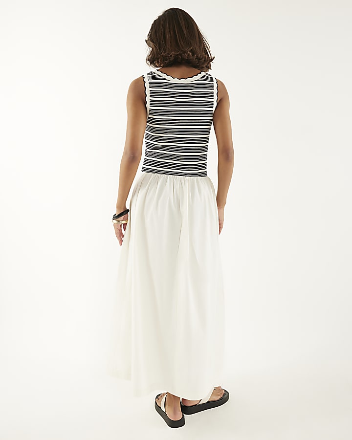White Sleeveless Striped Hybrid Midi Dress