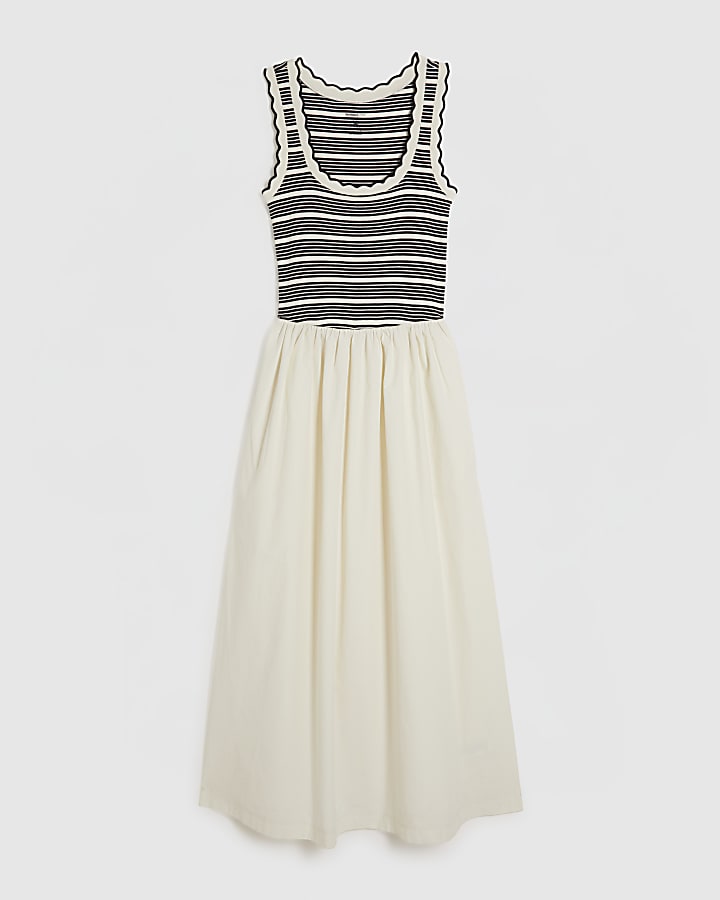 White Sleeveless Striped Hybrid Midi Dress