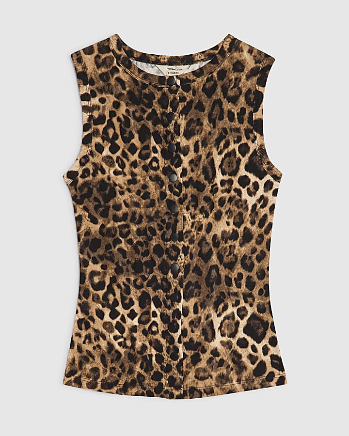 Beige Cotton Blend Leopard Popper Tank Top