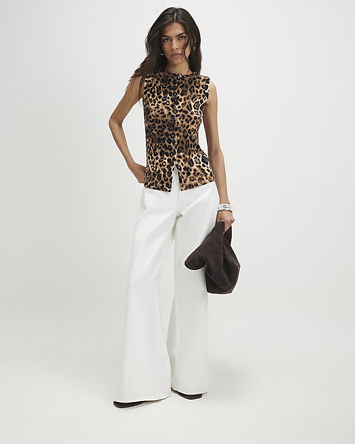 Beige Cotton Blend Leopard Popper Tank Top