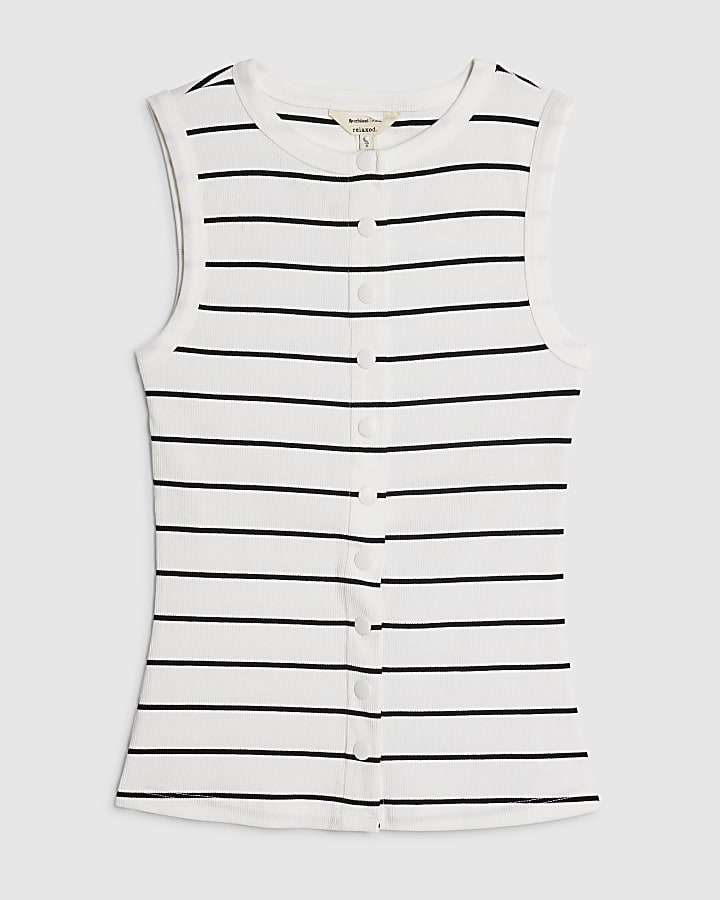 Black Cotton Blend Stripe Popper Tank Top