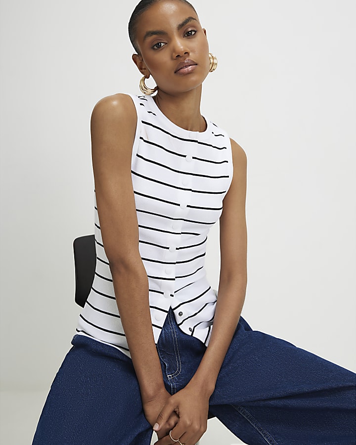 Black Cotton Blend Stripe Popper Tank Top