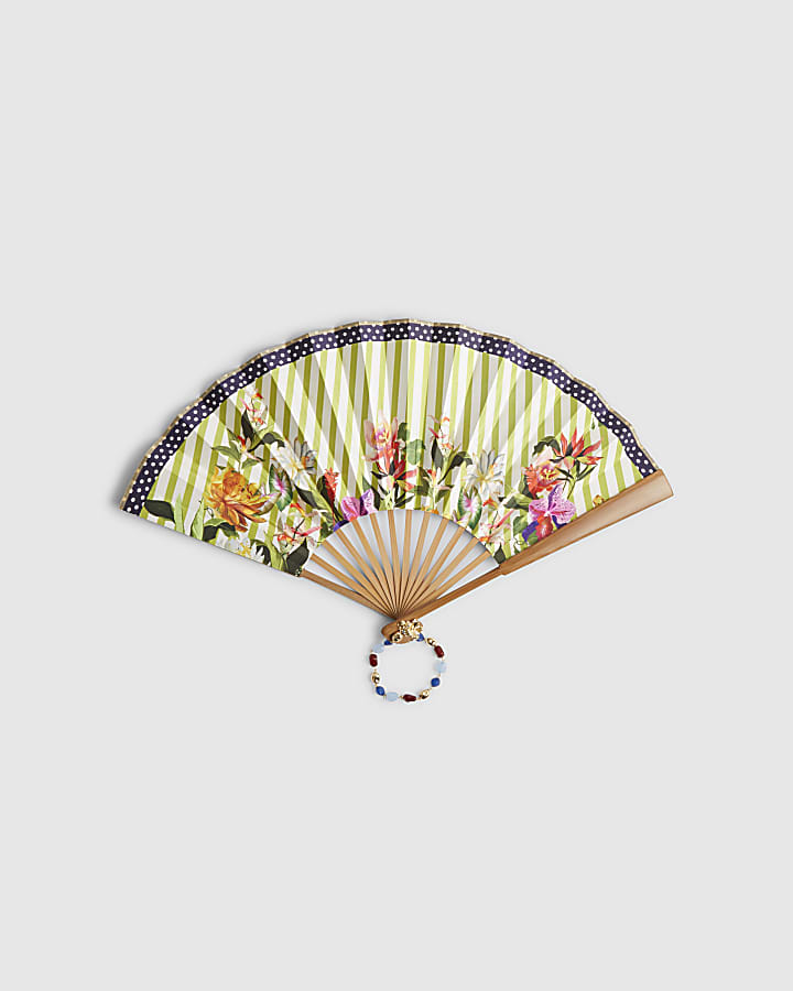 Green Floral Stripe Hand Fan