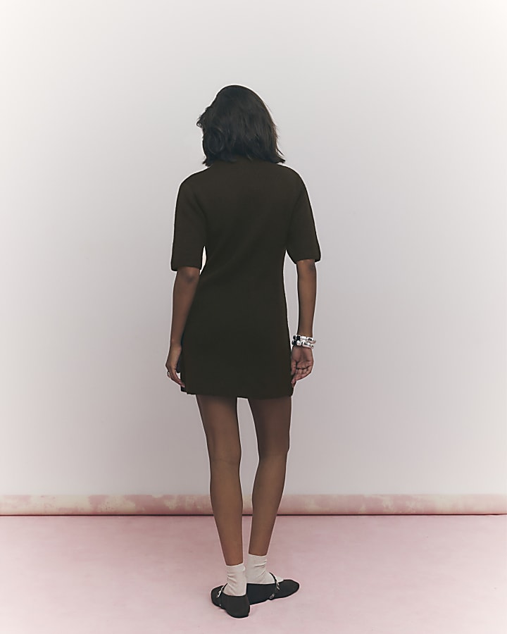 Brown High Neck Cosy Mini Dress