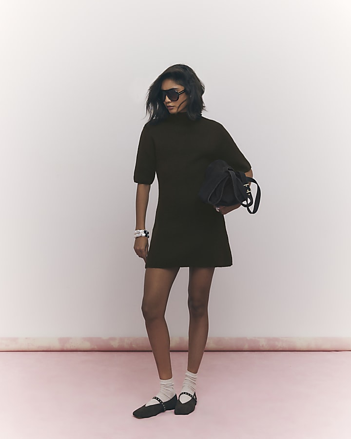 Brown High Neck Cosy Mini Dress