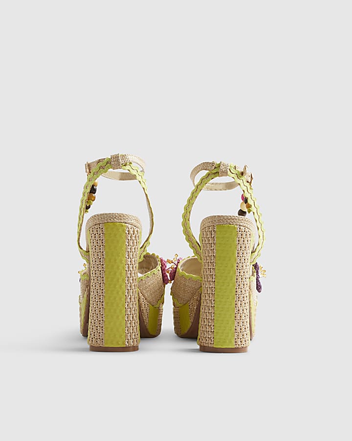 Yellow Stripe Raffia Flower Platform Sandals