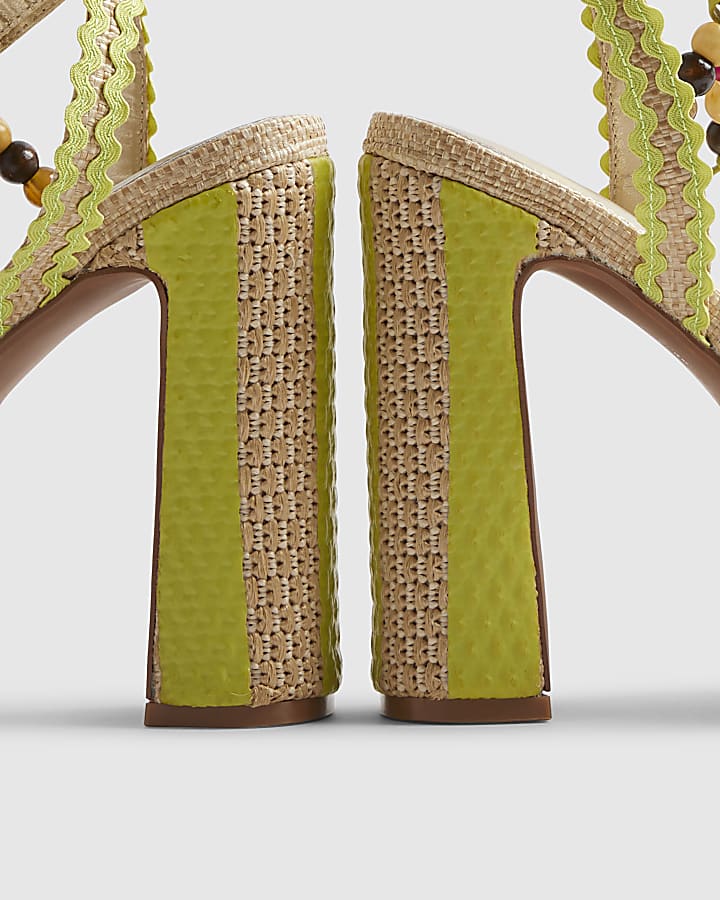 Yellow Stripe Raffia Flower Platform Sandals