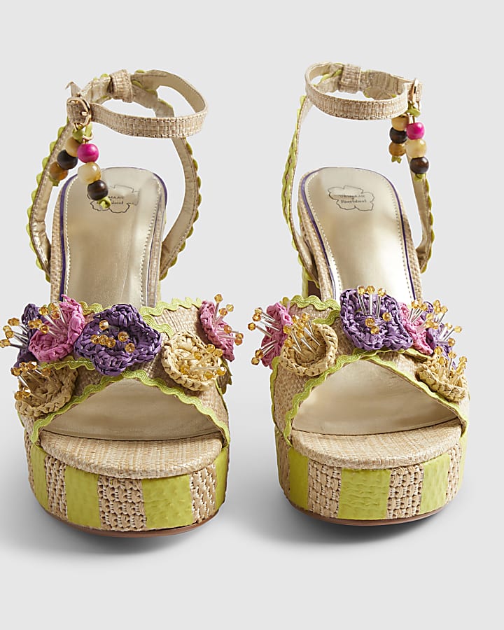 Yellow Stripe Raffia Flower Platform Sandals