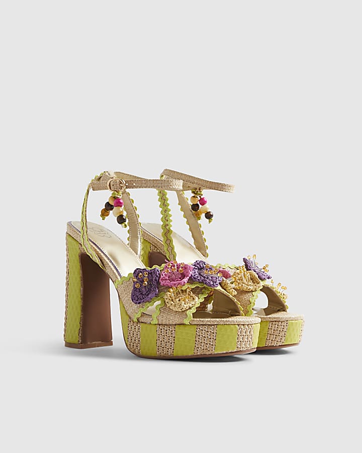 Yellow Stripe Raffia Flower Platform Sandals