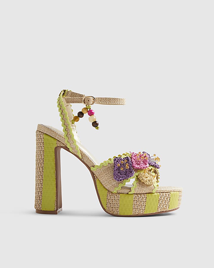 Yellow Stripe Raffia Flower Platform Sandals