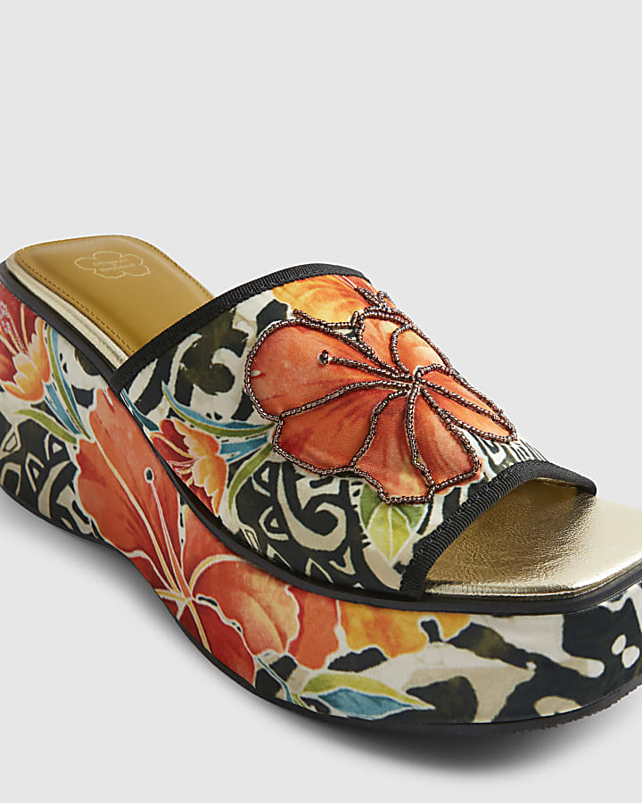 Orange Flower Print Mule Wedges