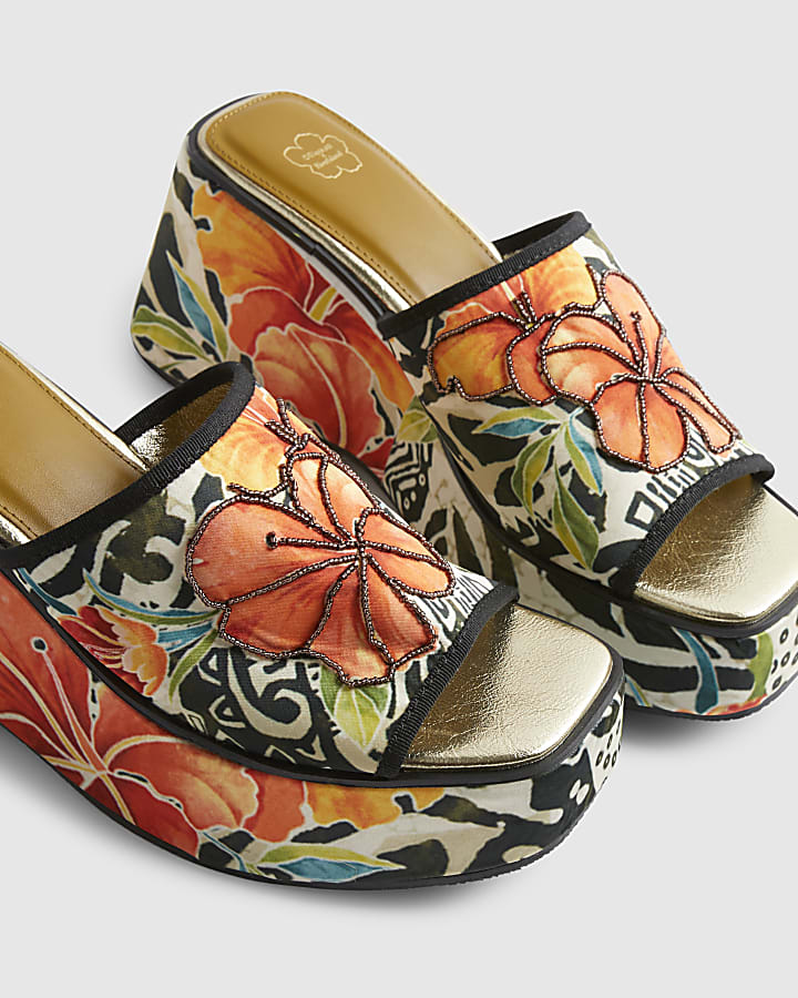 Orange Flower Print Mule Wedges