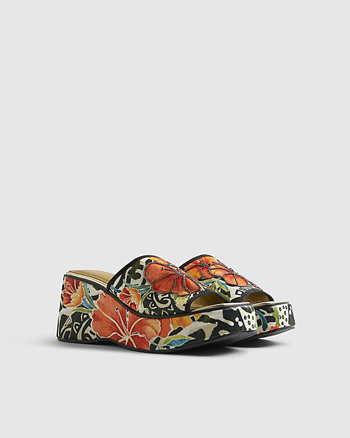 Orange Flower Print Mule Wedges