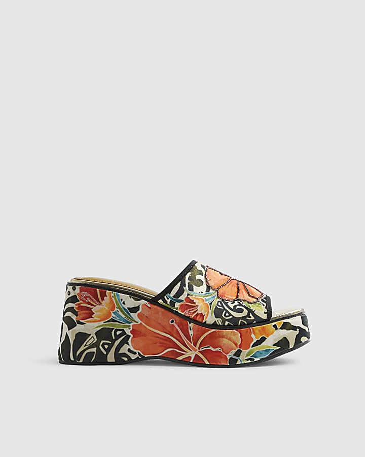 Orange Flower Print Mule Wedges