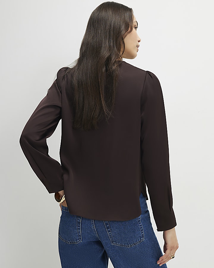 Brown Satin Long Sleeve Pleat Front Blouse