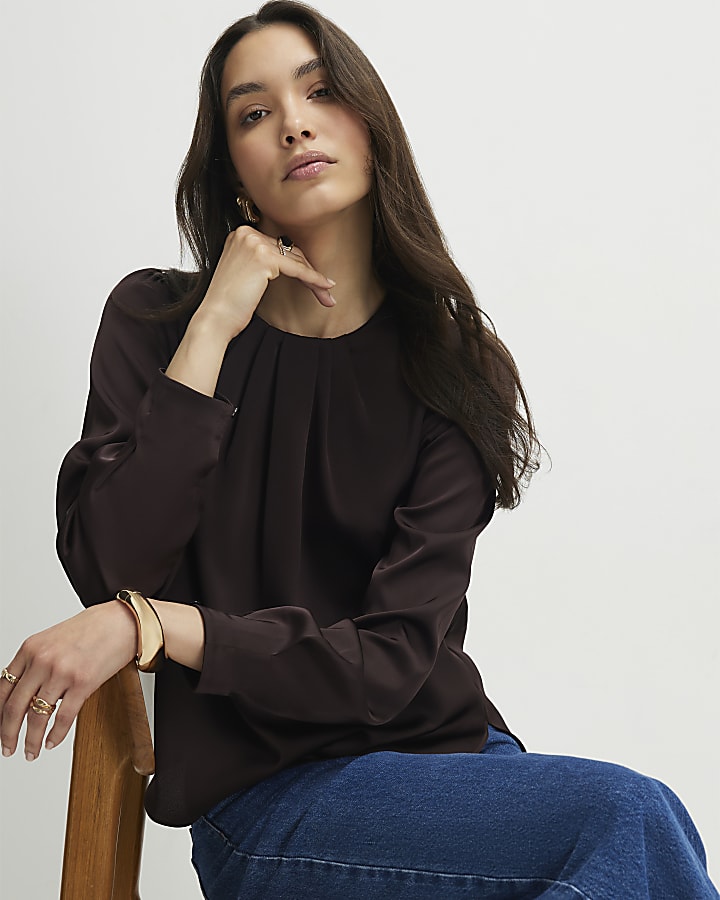 Brown Satin Long Sleeve Pleat Front Blouse