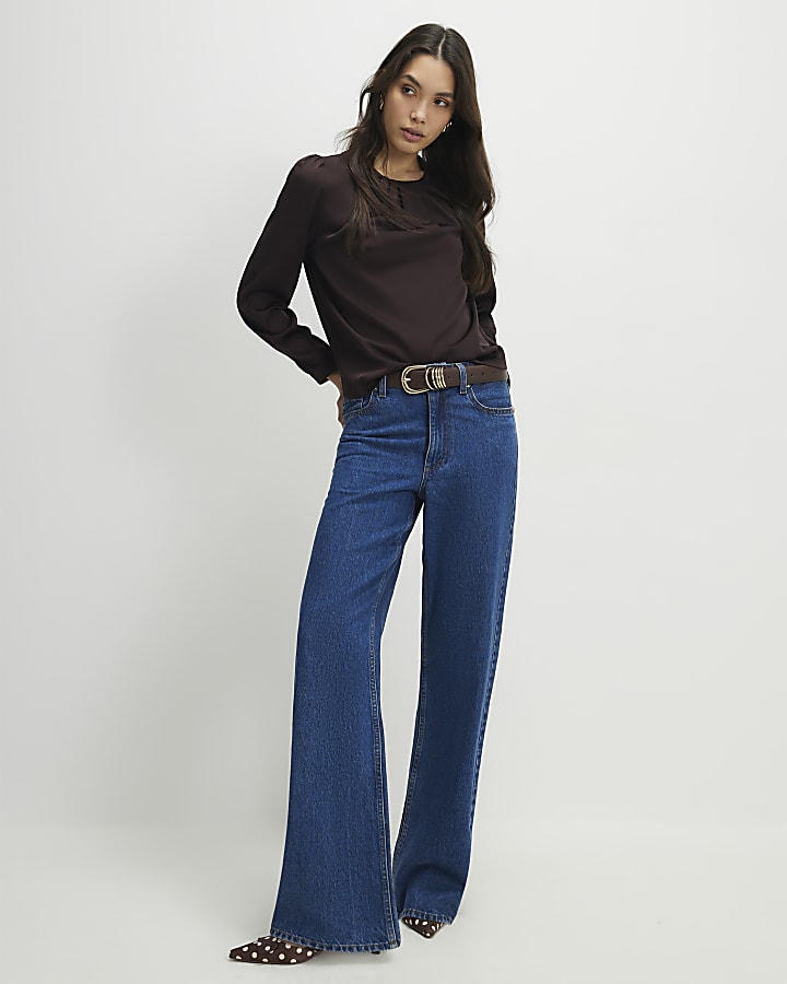 Brown Satin Long Sleeve Pleat Front Blouse