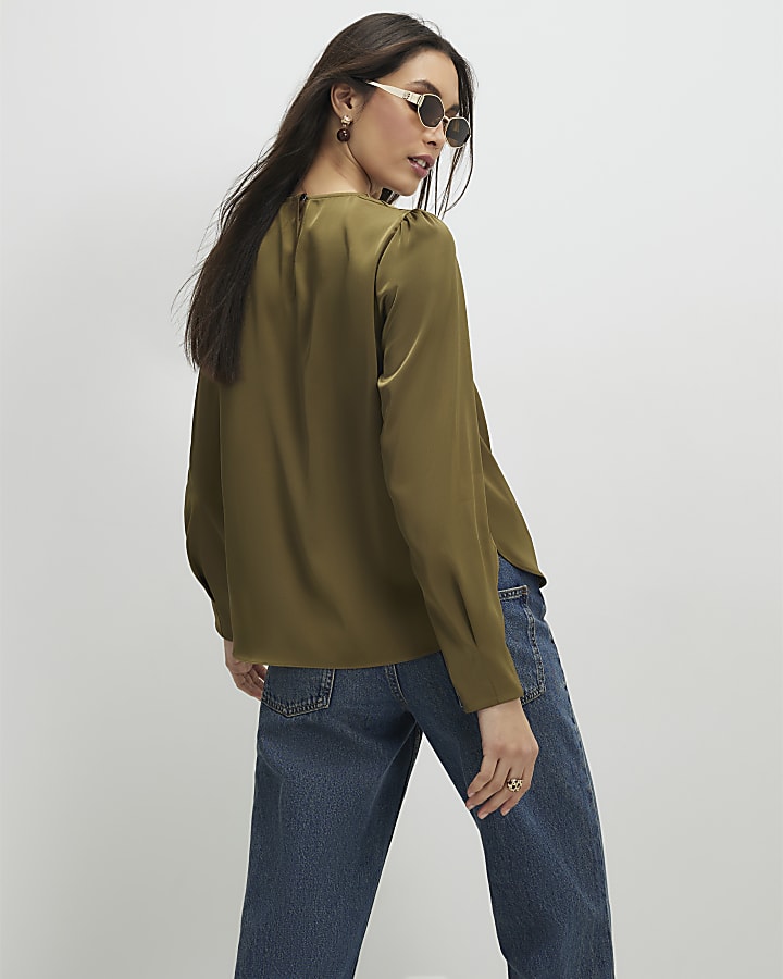 Khaki Pleat Front Blouse