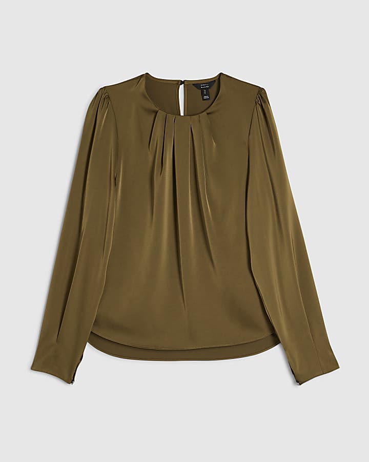 Khaki Pleat Front Blouse