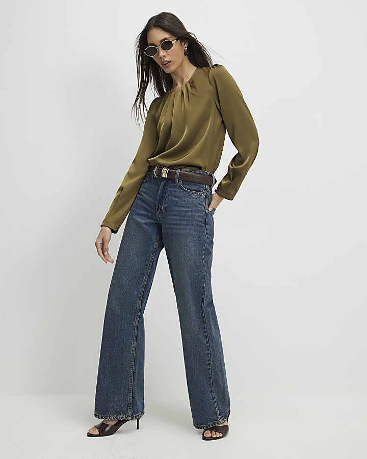 Khaki Pleat Front Blouse