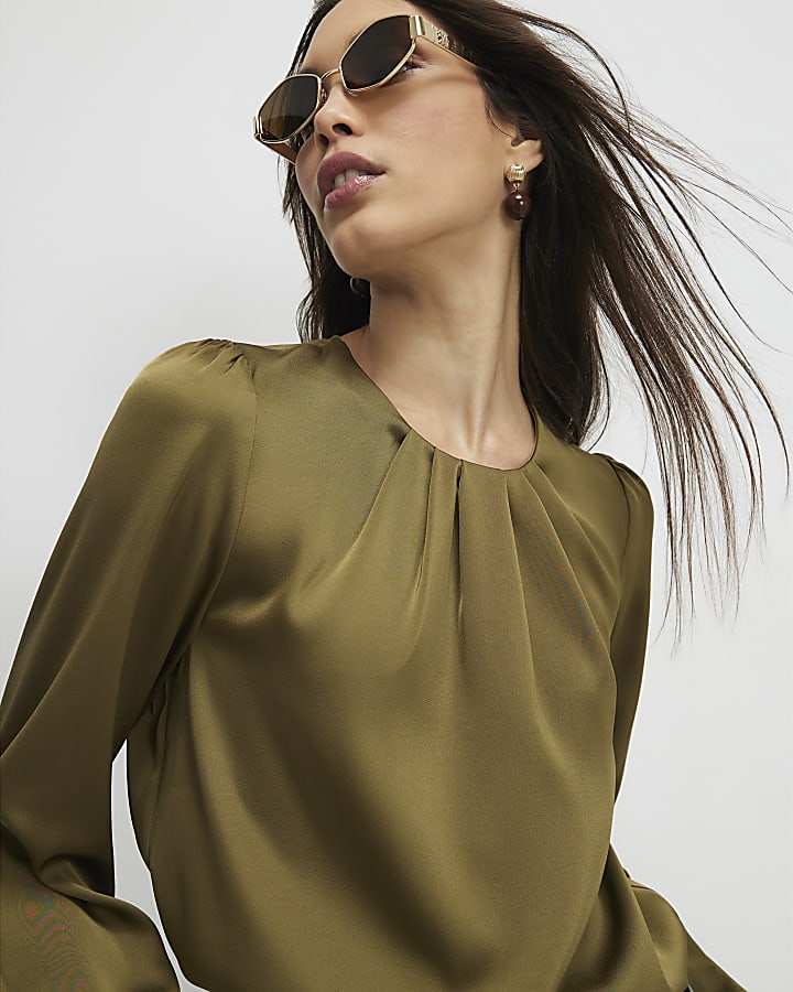 Khaki Pleat Front Blouse