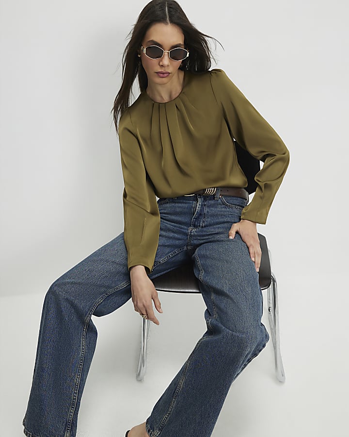 Khaki Pleat Front Blouse