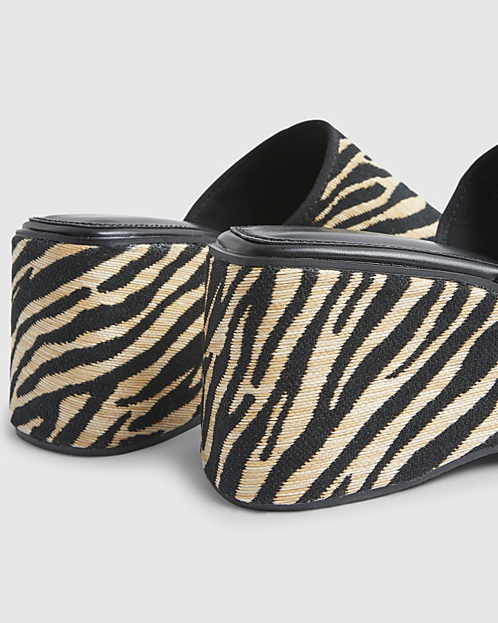 Black Raffia Zebra Print Mule Wedge Sandals