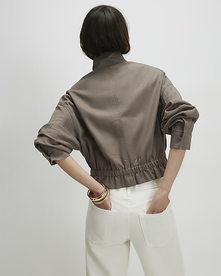 Khaki Linen Blend Funnel Neck Jacket