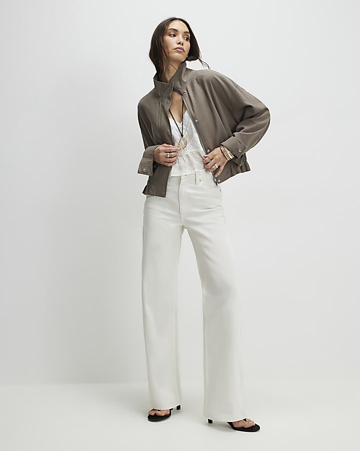 Khaki Linen Blend Funnel Neck Jacket