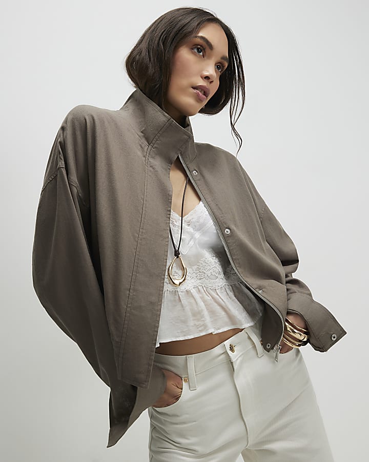Khaki Linen Blend Funnel Neck Jacket
