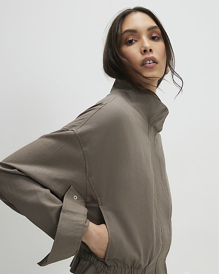 Khaki Linen Blend Funnel Neck Jacket