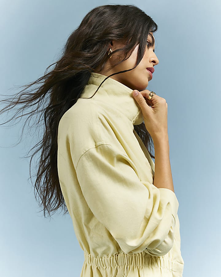Yellow Linen Blend Funnel Neck Jacket