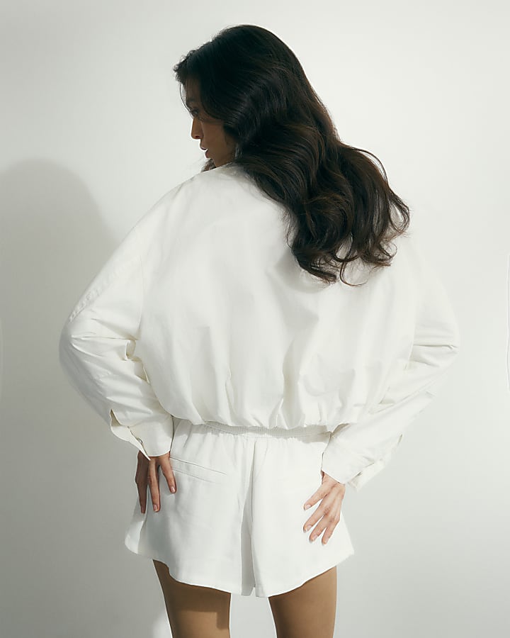 White Funnel Neck Sport Bomber Jacket