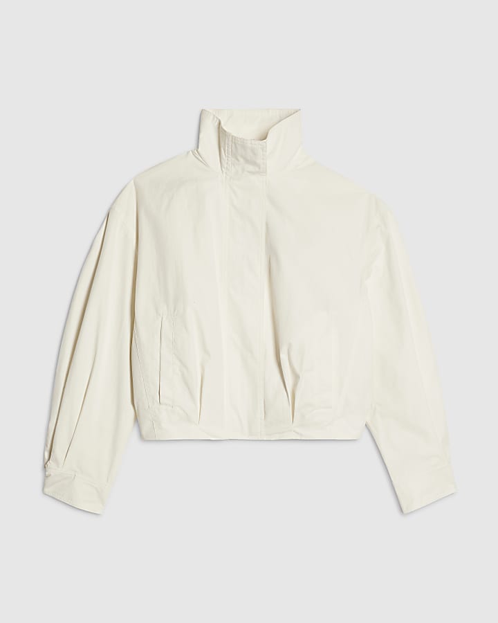 White Funnel Neck Sport Bomber Jacket