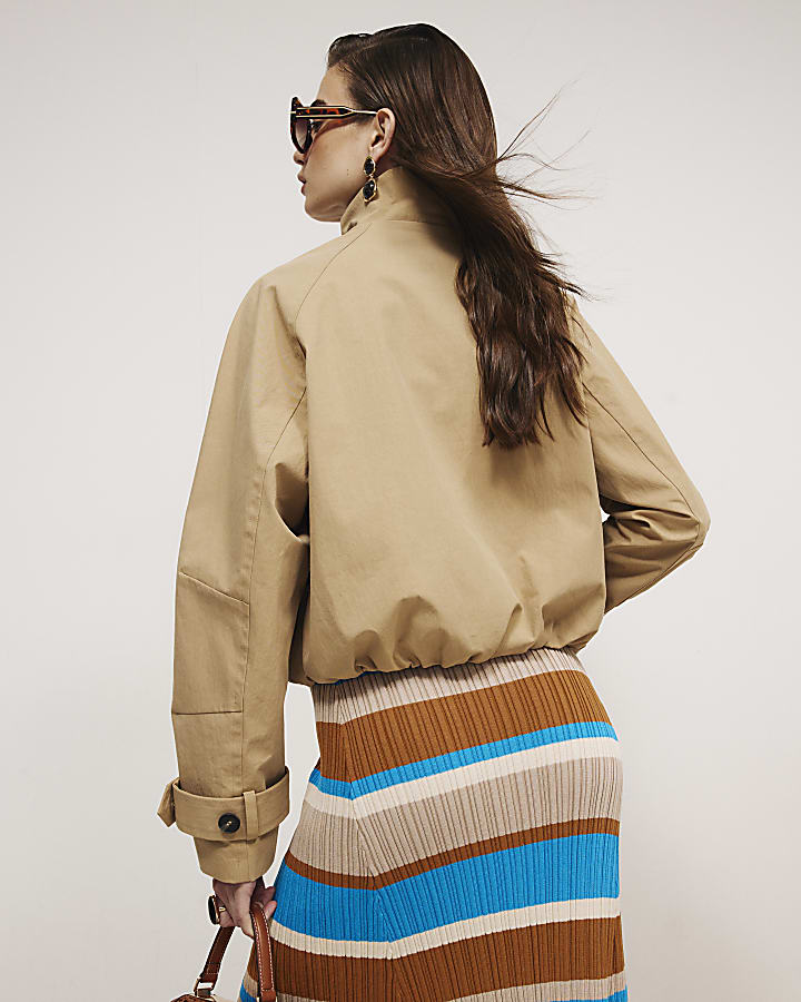 Beige Funnel Neck Chopped Trench Jacket