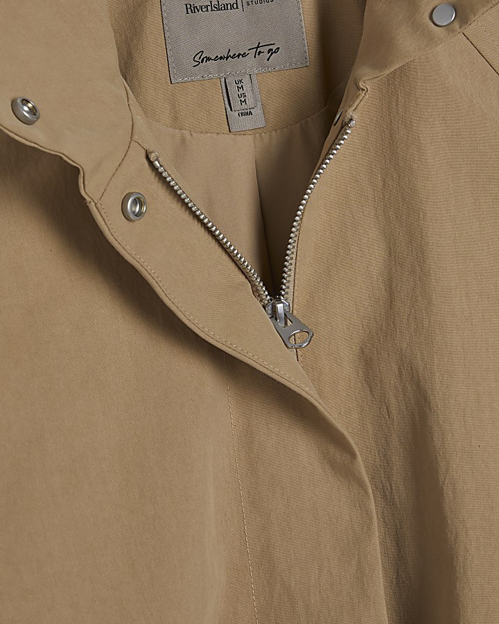 Beige Funnel Neck Chopped Trench Jacket