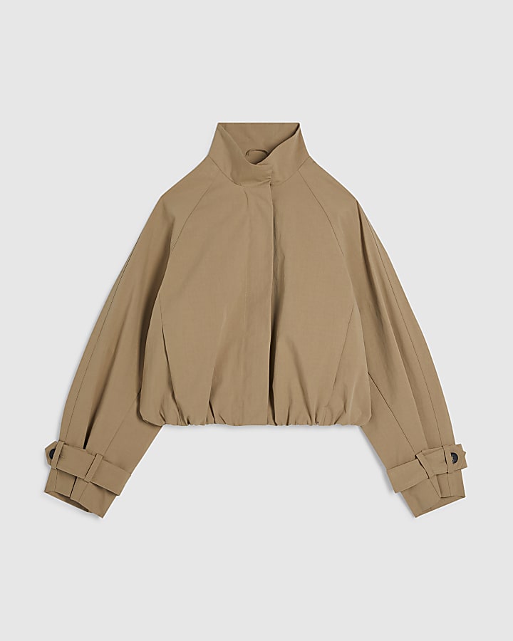 Beige Funnel Neck Chopped Trench Jacket