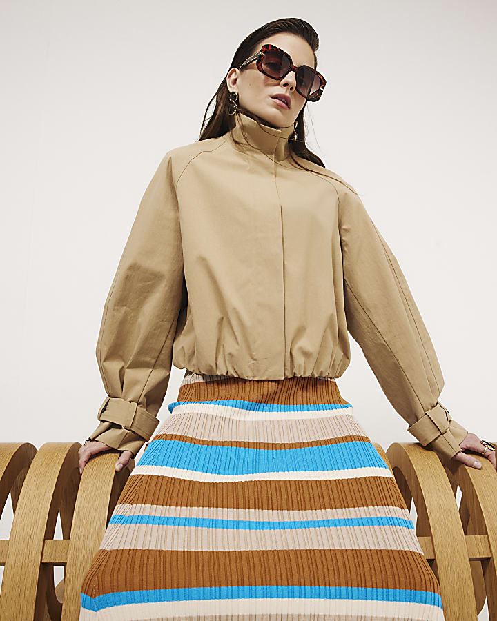 Beige Funnel Neck Chopped Trench Jacket