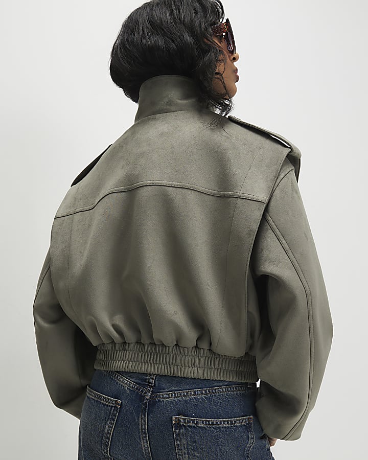 Khaki Faux Suede Shoulder Detail Jacket