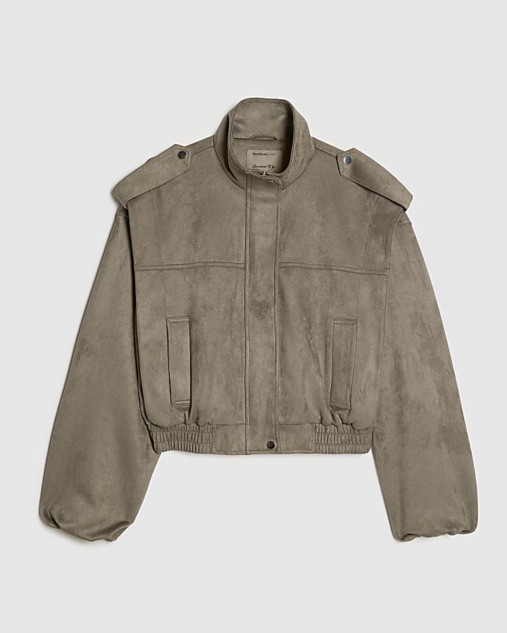 Khaki Faux Suede Shoulder Detail Jacket