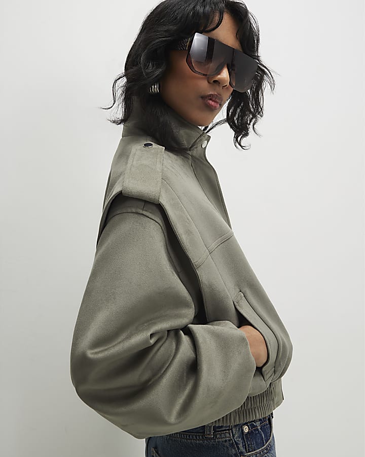 Khaki Faux Suede Shoulder Detail Jacket