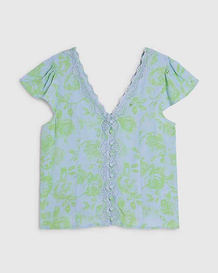 Green Lace Trim Floral Printed Blouse