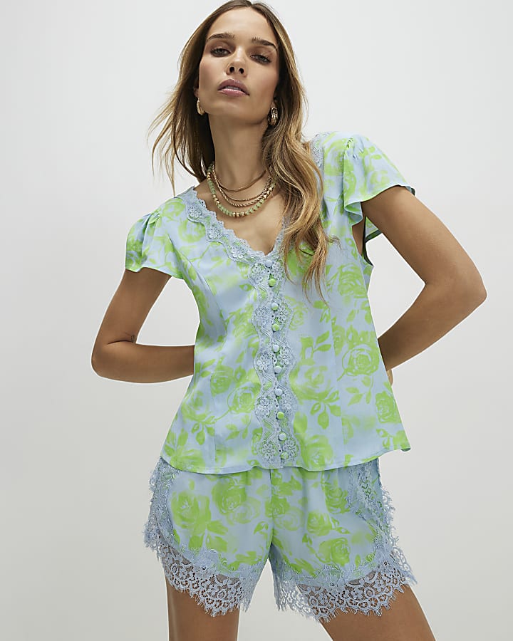 Green Lace Trim Floral Printed Blouse